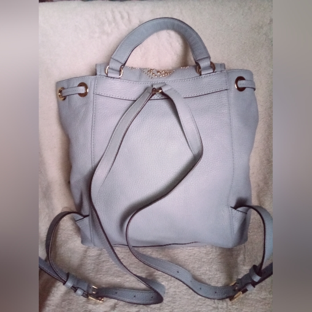 Michael Kors Riley Powder Blue Pebbled Leather Gold Studded Drawstring Backpack - Picture 2 of 12